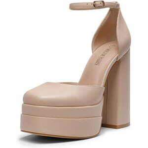 Dream Pairs Women Nude Faux Leather Closed Toe Chunky High Heels Platform